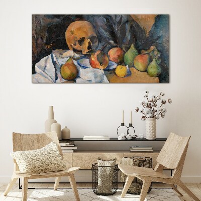 Foto op glas Stilleven met schedel en fruit