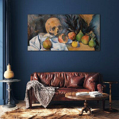 Foto op glas Stilleven met schedel en fruit