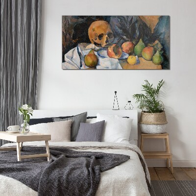 Foto op glas Stilleven met schedel en fruit