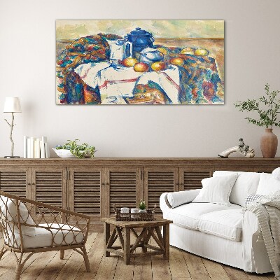 Glas foto Stilleven met een blauwe ketel