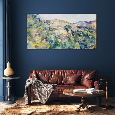 Foto op glas Landschap met huizen tussen de bomen