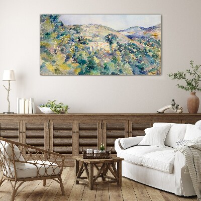 Foto op glas Landschap met huizen tussen de bomen