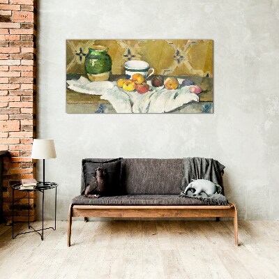 Foto op glas Fruittafel met groene pot