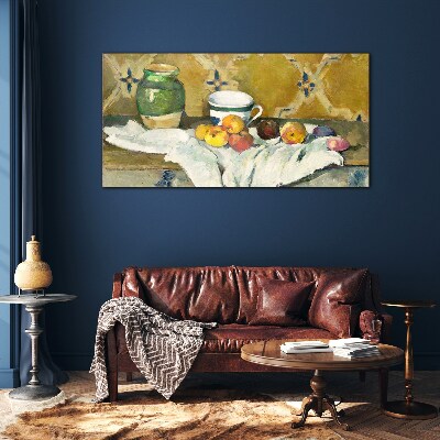 Foto op glas Fruittafel met groene pot