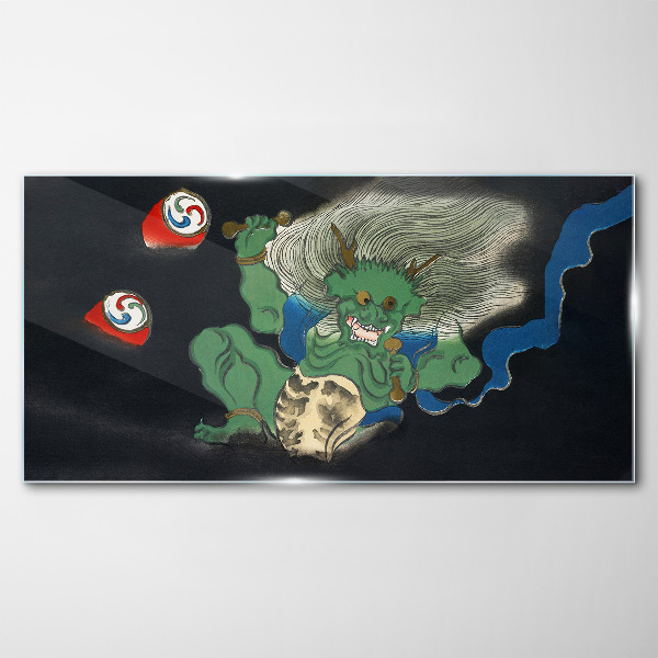 Schilderij op glas Groene demon met een trommel