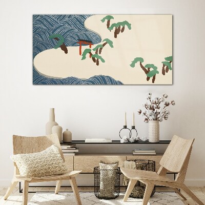 Foto op glas Kalme golven met toriipoort