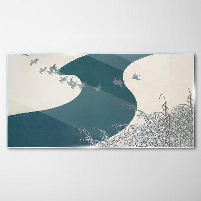 Schilderij op glas Een kalme rivier met vogels die wegvliegen