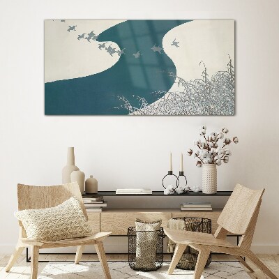 Schilderij op glas Een kalme rivier met vogels die wegvliegen