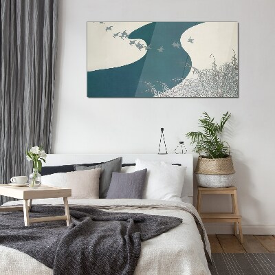 Schilderij op glas Een kalme rivier met vogels die wegvliegen