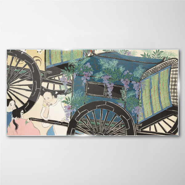 Foto op glas Een scène met een kinderwagen tegen een achtergrond van bloemen