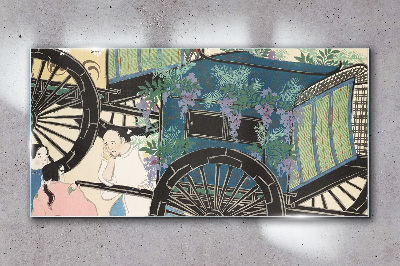 Foto op glas Een scène met een kinderwagen tegen een achtergrond van bloemen