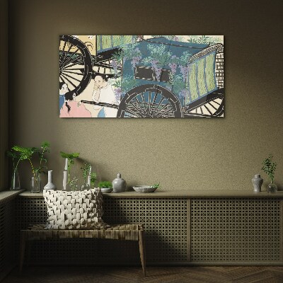 Foto op glas Een scène met een kinderwagen tegen een achtergrond van bloemen