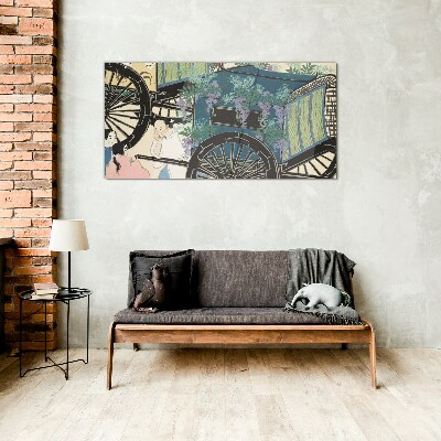 Foto op glas Een scène met een kinderwagen tegen een achtergrond van bloemen