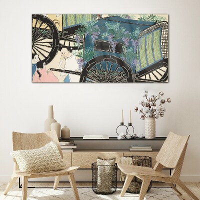 Foto op glas Een scène met een kinderwagen tegen een achtergrond van bloemen