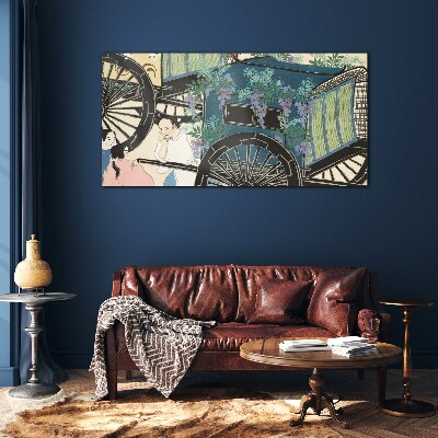 Foto op glas Een scène met een kinderwagen tegen een achtergrond van bloemen