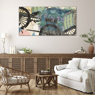 Foto op glas Een scène met een kinderwagen tegen een achtergrond van bloemen