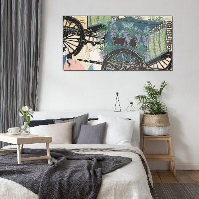 Foto op glas Een scène met een kinderwagen tegen een achtergrond van bloemen