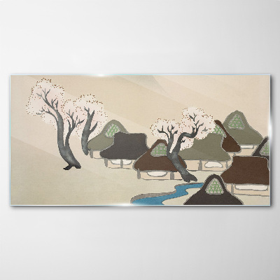 Foto op glas Een vredig landschap met huizen en bomen