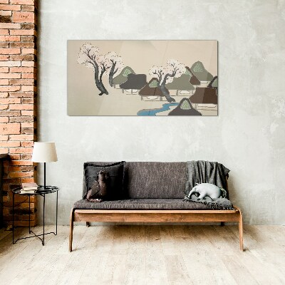 Foto op glas Een vredig landschap met huizen en bomen