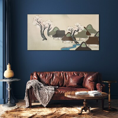 Foto op glas Een vredig landschap met huizen en bomen