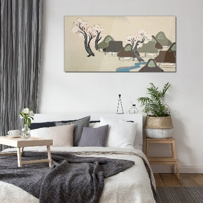 Foto op glas Een vredig landschap met huizen en bomen