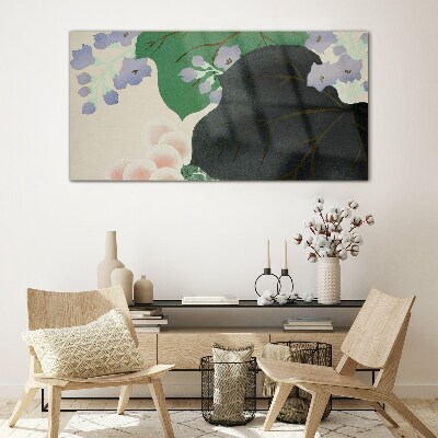 Glas foto Groen blad met bloemen