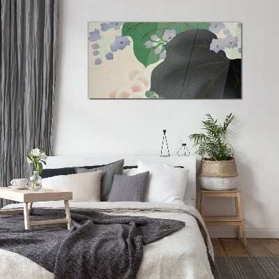 Glas foto Groen blad met bloemen