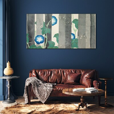 Foto op glas Ochtend in het bos met blauwe bloemen