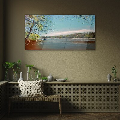 Schilderij op glas Een vredig landschap aan de rivier