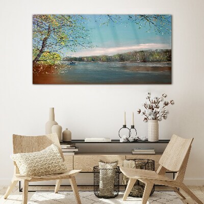 Schilderij op glas Een vredig landschap aan de rivier