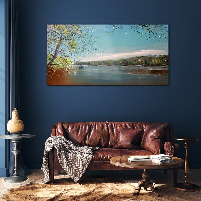 Schilderij op glas Een vredig landschap aan de rivier