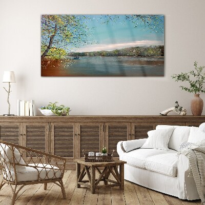 Schilderij op glas Een vredig landschap aan de rivier