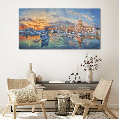 Foto op glas Zonsondergang boven de haven