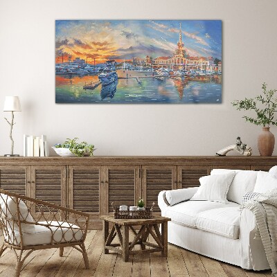 Foto op glas Zonsondergang boven de haven