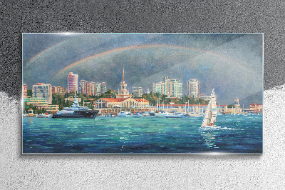Glas foto Zeepanorama met een regenboog
