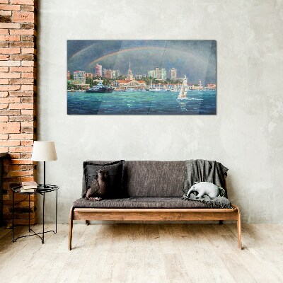 Glas foto Zeepanorama met een regenboog