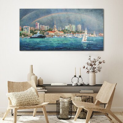 Glas foto Zeepanorama met een regenboog