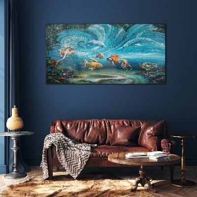 Schilderij op glas Onderwaterdans van dolfijnen en vissen