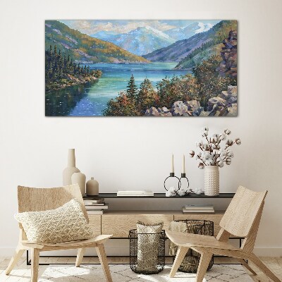 Glas foto Berglandschap aan het meer