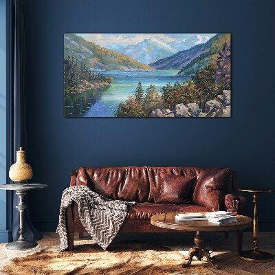 Glas foto Berglandschap aan het meer