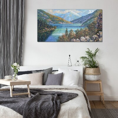 Glas foto Berglandschap aan het meer