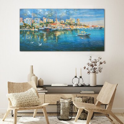 Schilderij op glas Havenstad in de zon