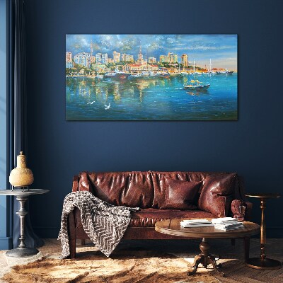 Schilderij op glas Havenstad in de zon