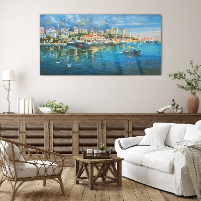 Schilderij op glas Havenstad in de zon