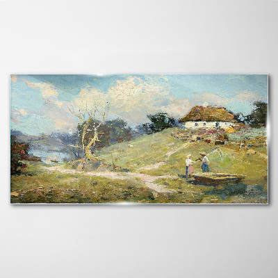 Foto op glas Landelijk landschap met vissers