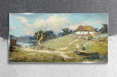 Foto op glas Landelijk landschap met vissers