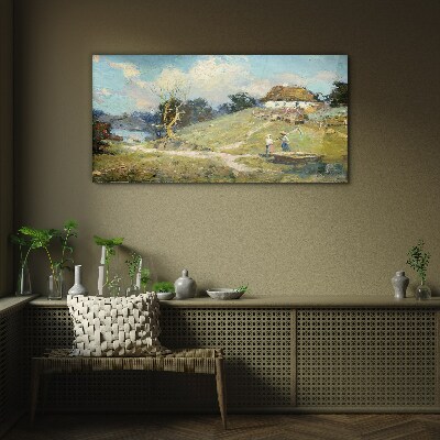 Foto op glas Landelijk landschap met vissers