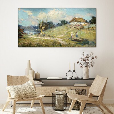 Foto op glas Landelijk landschap met vissers