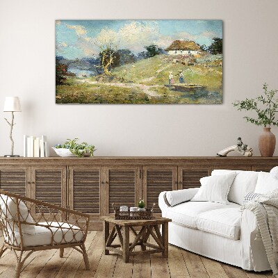 Foto op glas Landelijk landschap met vissers