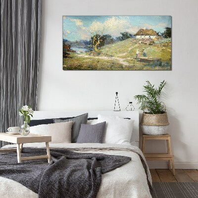 Foto op glas Landelijk landschap met vissers